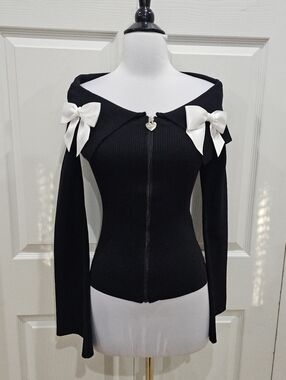 Dolls Kill Sugar Thrillz Goth Lolita Black Bow Like A Holiday Knit Cardigan S